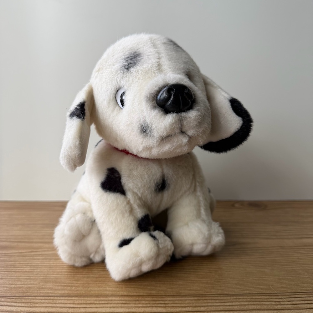 Vintage Dalmatian Puppy Dog Stuffed Animal Plush Toy 8” Red Collar Plastic Eyes